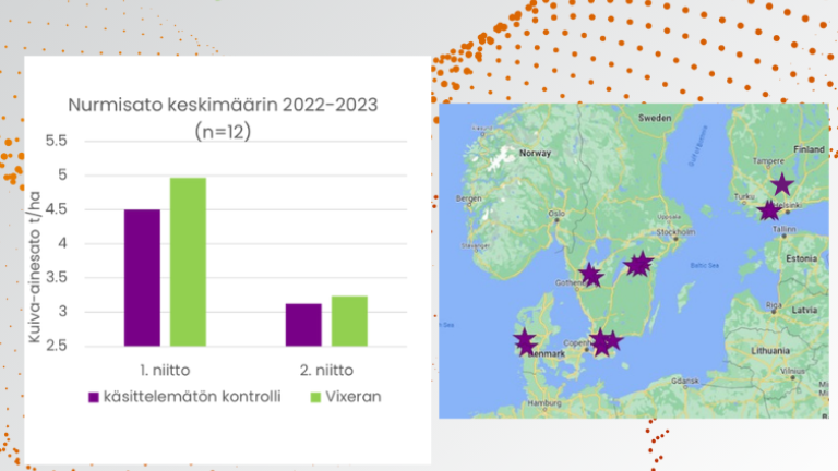 Pohjoismaisissa kokeissa rehunurmella 2022-2023 Vixeran lisäsi sekä ensimmäisen että toisen nurmisadon määrää12 kokeessa Ruotsissa, Tanskassa ja Suomessa Vixeran-käsittely nosti nurmisatoa melkein 0,5 t/haVixeran rehunurmella 2022-2023, 12 koetta